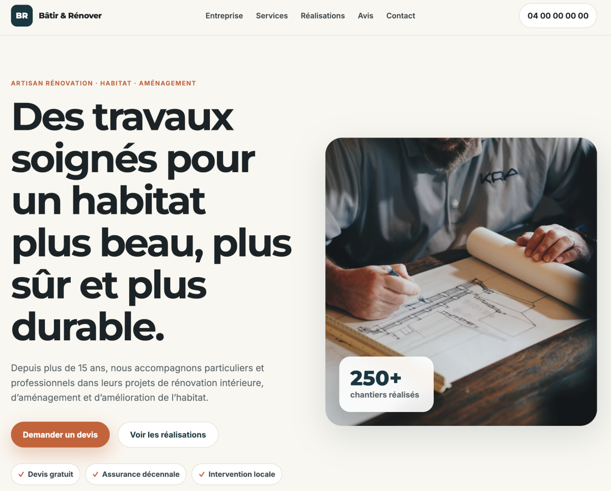 Maquette de site web pour artisan